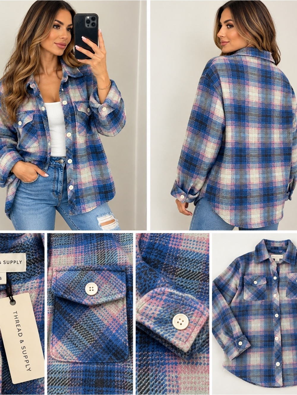 (#10) Thread & Supply Plaid Shacket Oversized Blue Pink NWT Small